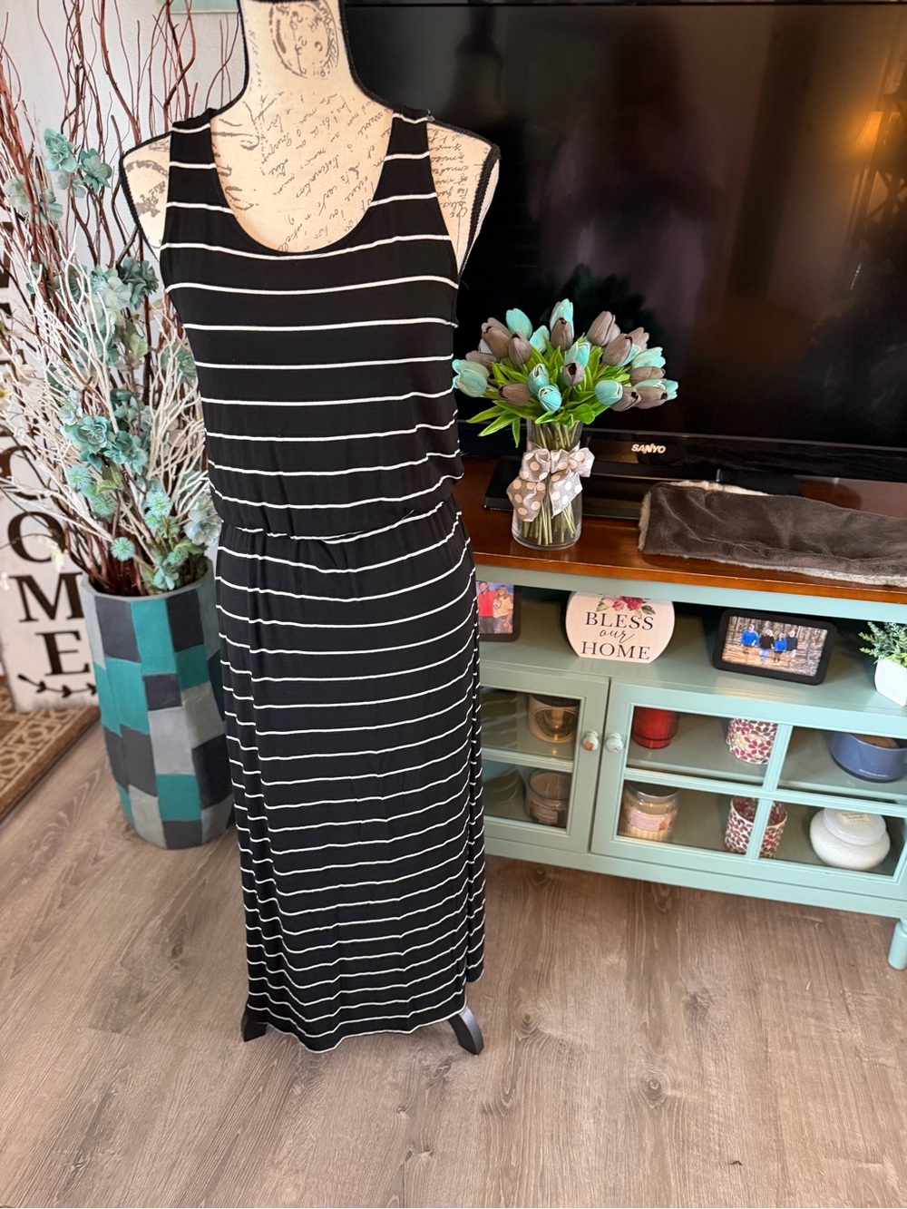 Merona Black Maxi Dress with White Stripes Size Small